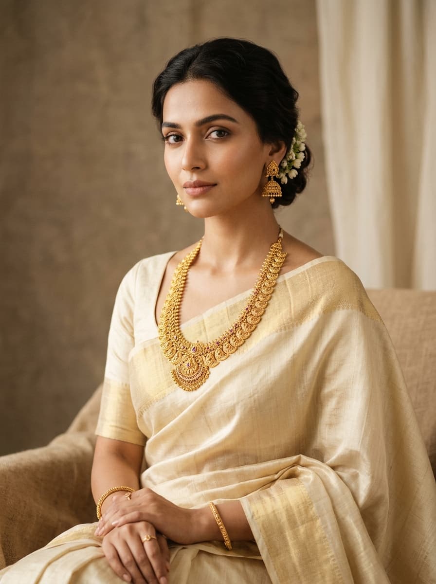 Woman wearing traditional Kerala gold jewellery